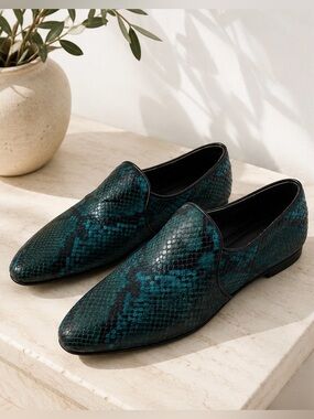 Aquatalia Teal and Black Snakeskin-Print Flats